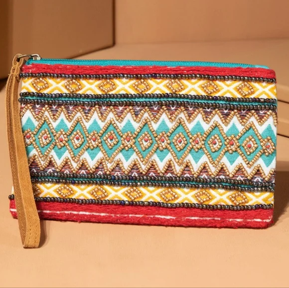 Handmade Hand Beaded Wristlet Clutch - Ethnic Inspired Motive - Dyed Fine Cotton - Picture 2 of 5